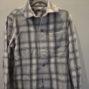 Express Gray and White Plaid Button-Up Shacket